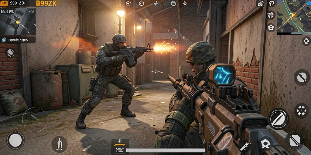 Screenshot permainan <strong>999ZK</strong> dengan aksi tembak-menembak yang intens.