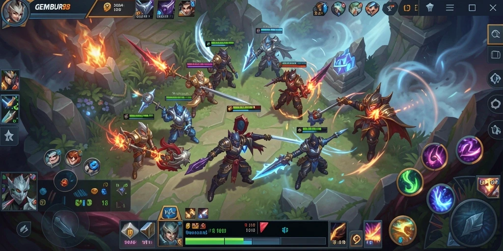 Tampilan aksi seru dalam gameplay GEMBUR88 MOBA.