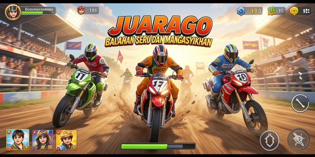 Screenshot gameplay JUARAGO menampilkan mobil melaju kencang di trek balap.