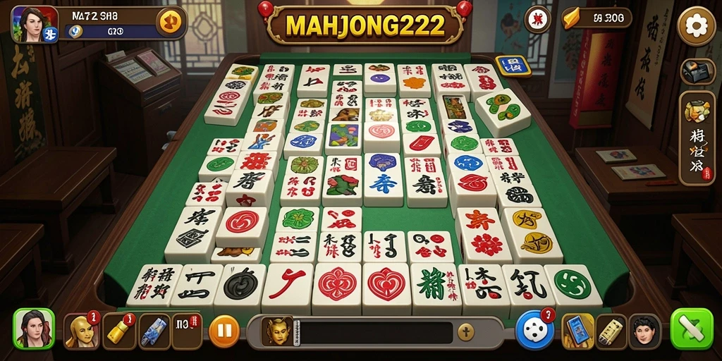 Screenshot utama MAHJONG222 menampilkan gameplay Match-3 yang penuh warna.