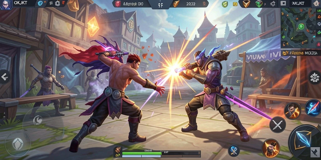 Tampilan gameplay MOBA yang mendebarkan dengan karakter unik.