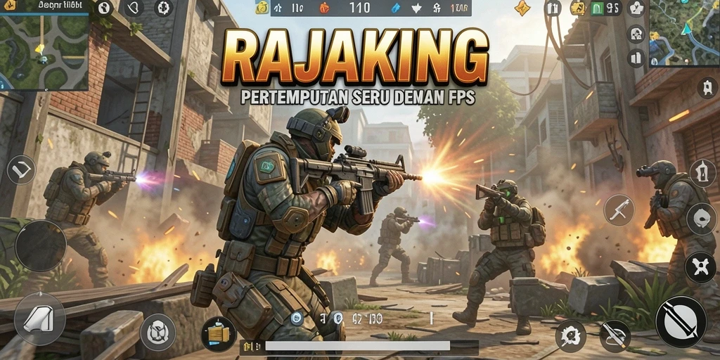 Tangkapan layar RAJAKING yang menunjukkan aksi pertempuran FPS yang intens.