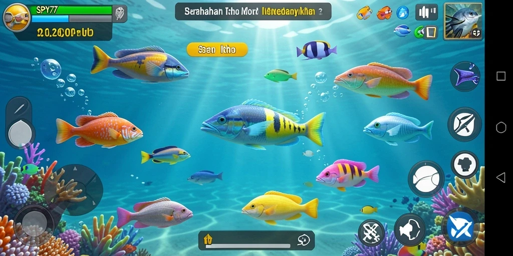 Tangkapan layar gameplay <strong>SPY77</strong> yang menunjukkan aksi tembak ikan yang seru.