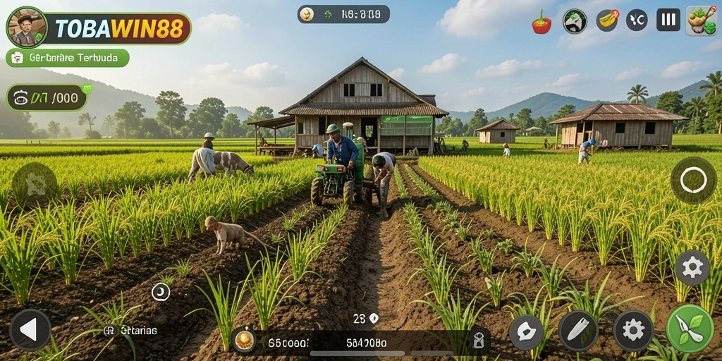 Screenshot utama TOBAWIN88 memperlihatkan ladang yang subur dengan banyak tanaman.