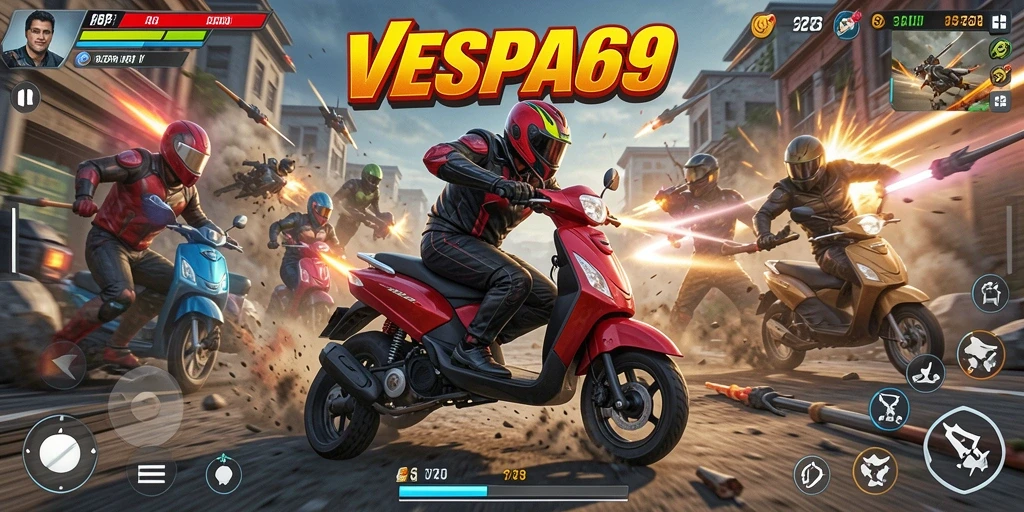 Tangkapan layar gameplay VESPA69 dengan pertarungan mendebarkan.